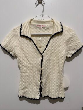 Bailey Rose Cream Cable-Knit Short Sleeve with Navy Trim